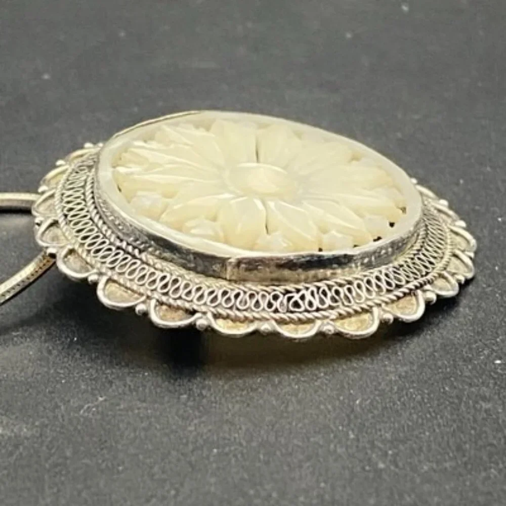 Vtg 950 Sterling Silver MOP Brooch Pendant Necklace Intricate Jerusalem 18” 14g - Picture 8 of 11